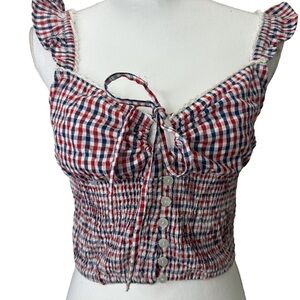 Sim and Sam Red white and Blue Gingham Crop Top with Ruffle Detail Size M NWT